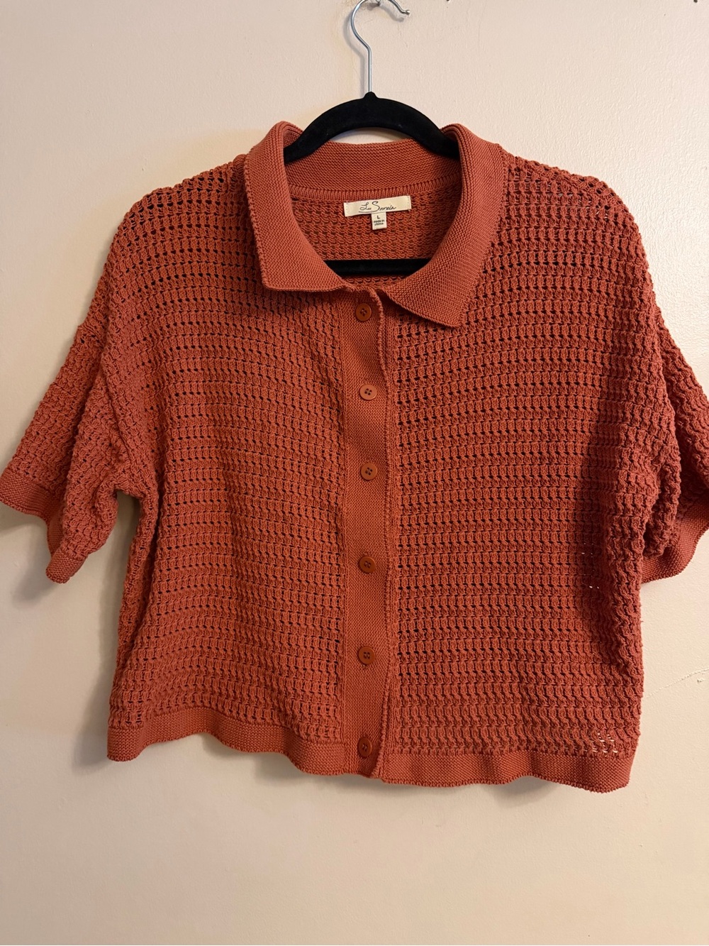 Les Serein Cropped Button-Front Knit Sweater in Rust